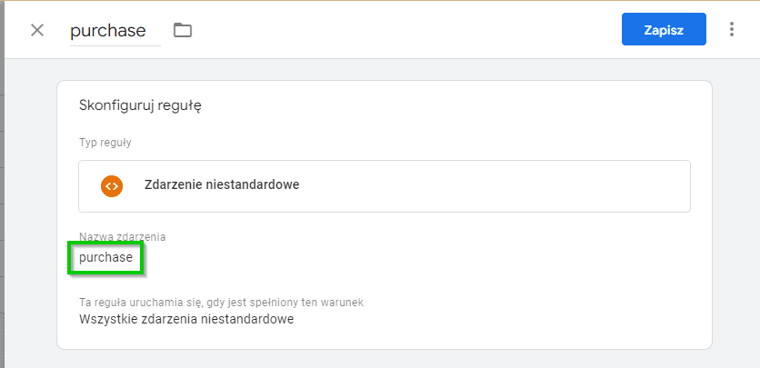 custom event zdarzenie purchase