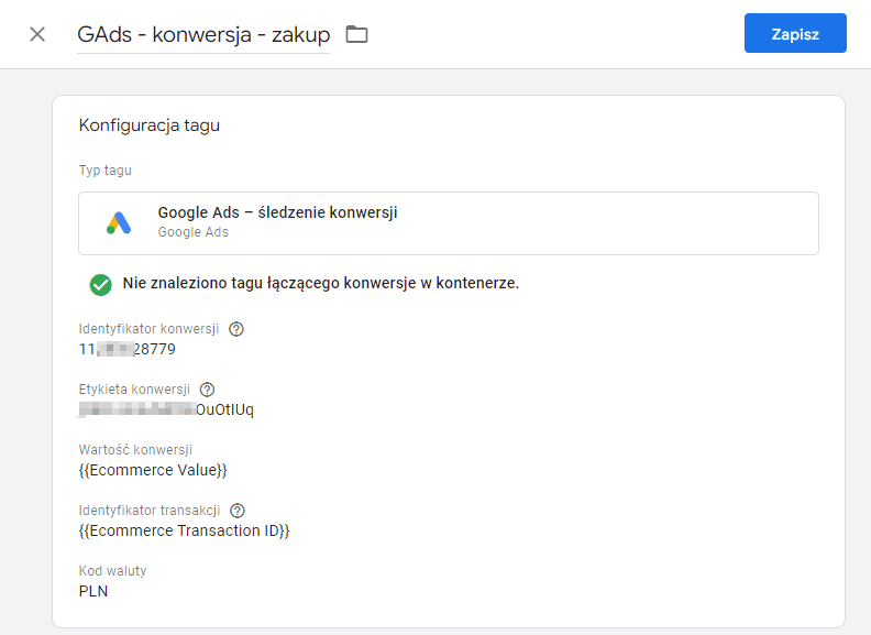 tag konwersji wstepna konfiguracja
